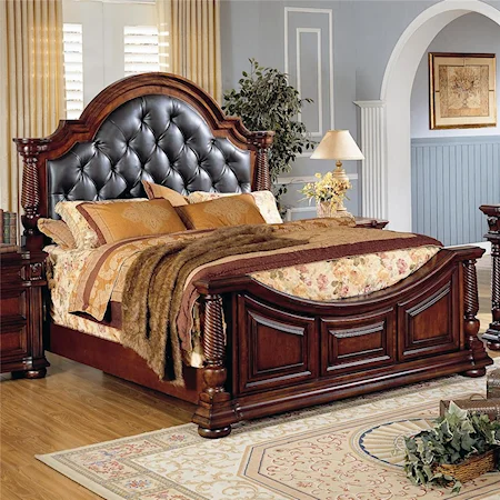 Traditional Queen Bed with Leather Headboard